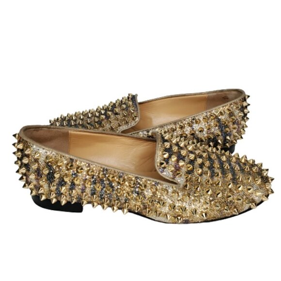 Christian Louboutin Glitter Spiked Slip On Flats Loafers - Picture 4 of 6
